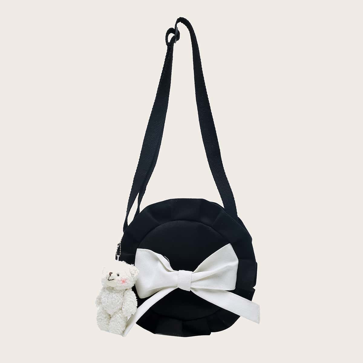 

Contrast Bow Ruffle Round Canvas Bag, Black