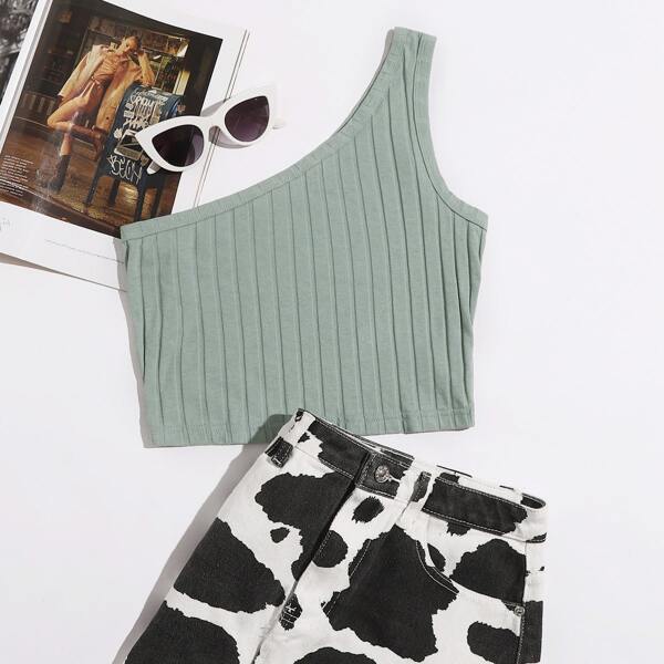 

One Shoulder Rib-knit Crop Top, Mint green