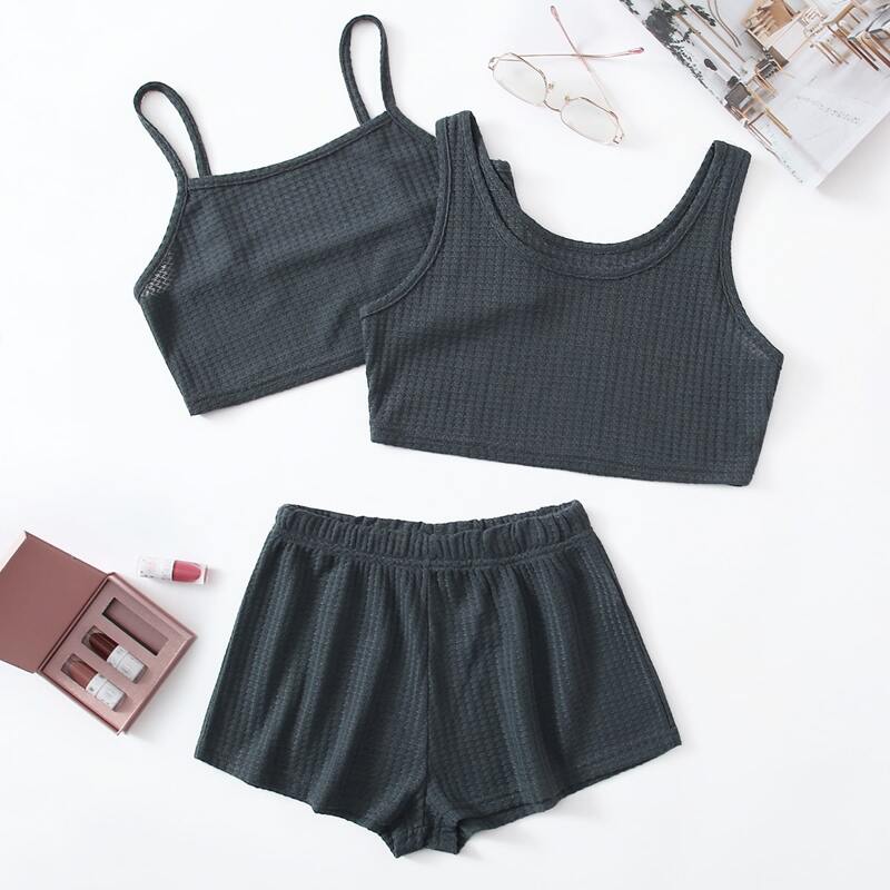 

3pcs Solid Waffle Knit Lounge Set, Dark grey