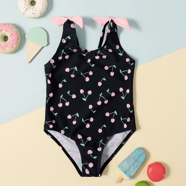 

Toddler Girls Cherry Print One Piece Swimsuit, Navy blue