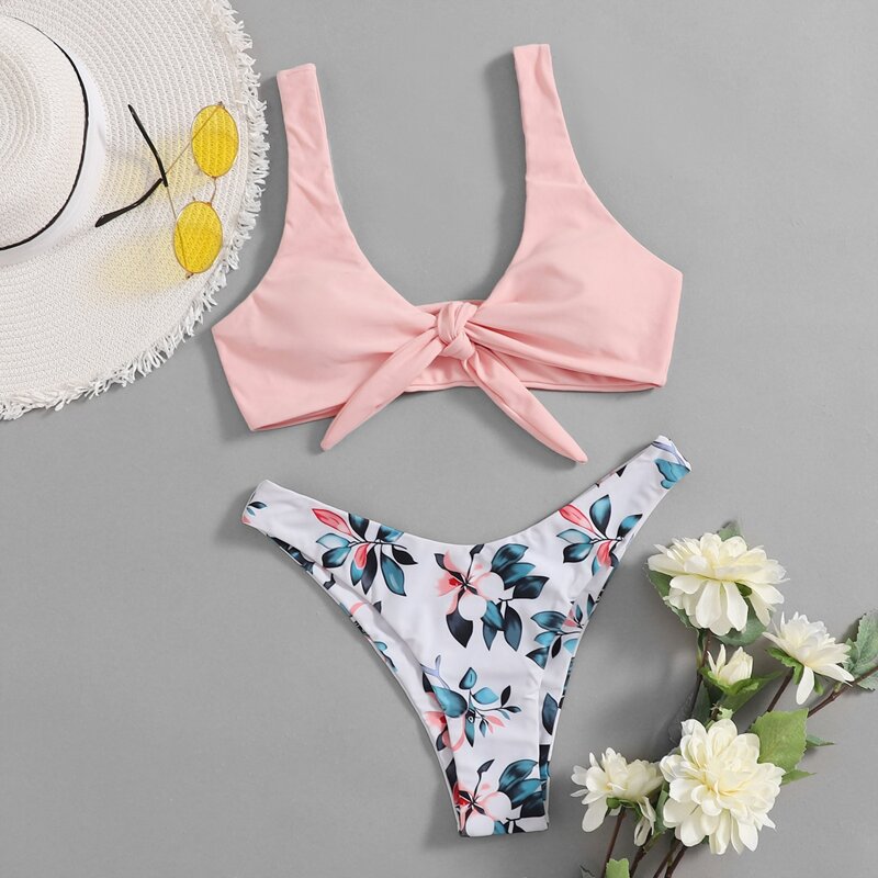 

Floral Knot Front Bikini Swimsuit, Multicolor