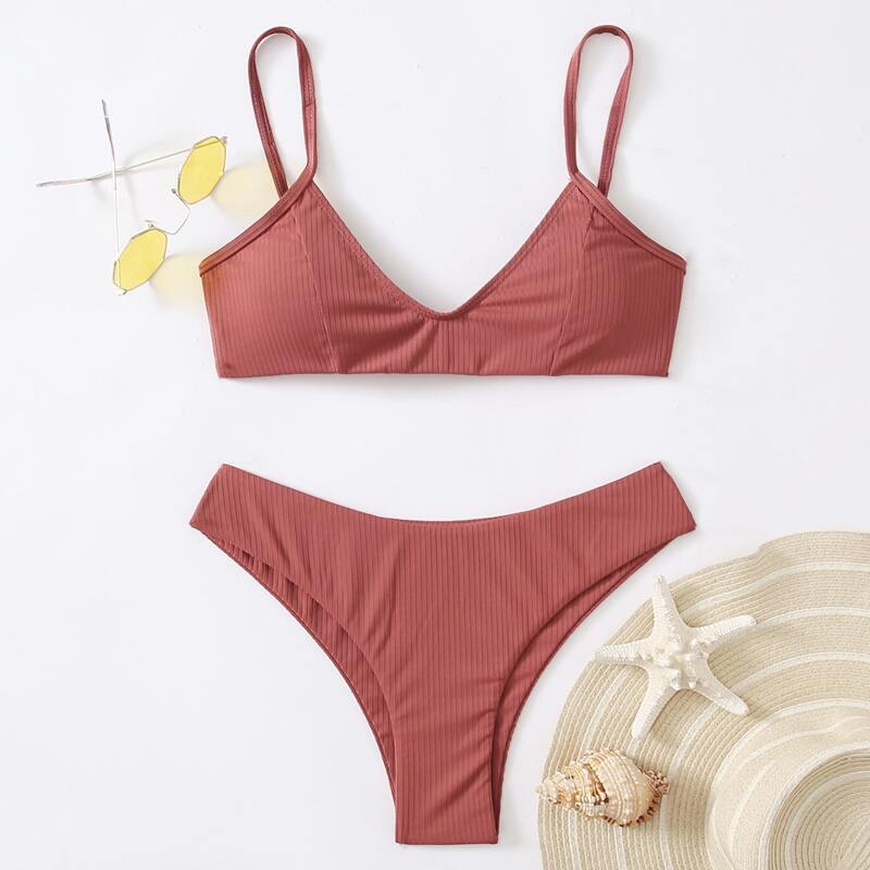 

Ribbed Cami Bikini Swimsuit, Redwood