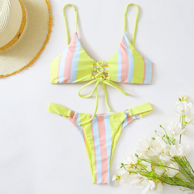 

Stripe Lace-up Bikini Swimsuit, Multicolor