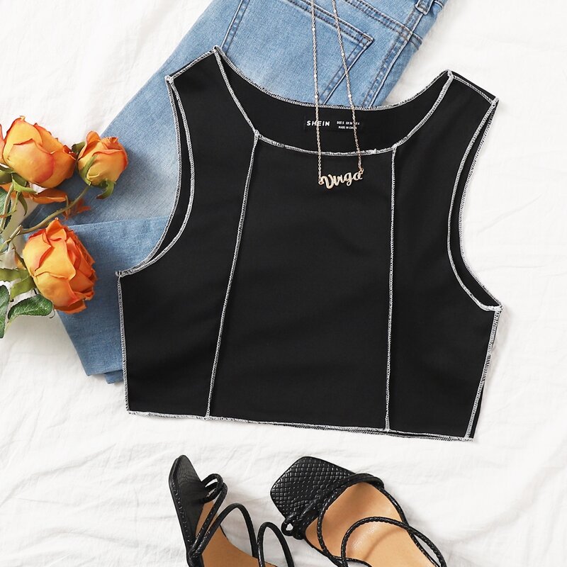 

Stitch Trim Crop Tank Top, Black