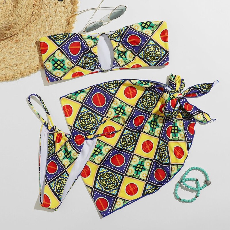 

3pack Geometric Thong Bikini Swimsuit With Beach Skirt, Multicolor