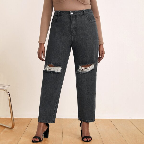 

Plus High Waist Ripped Straight Leg Jeans, Dark grey