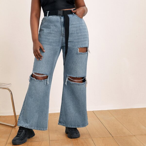 

Plus Push Buckle Belted Ripped Wide Leg Jeans, Light wash