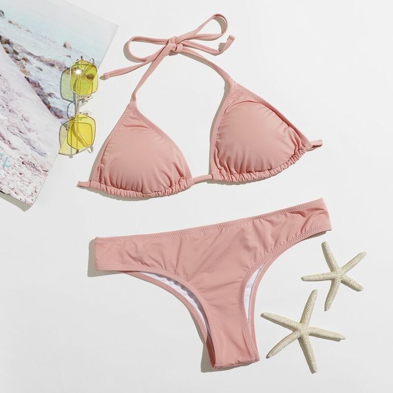 

Solid Halter Bikini Swimsuit, Dusty pink