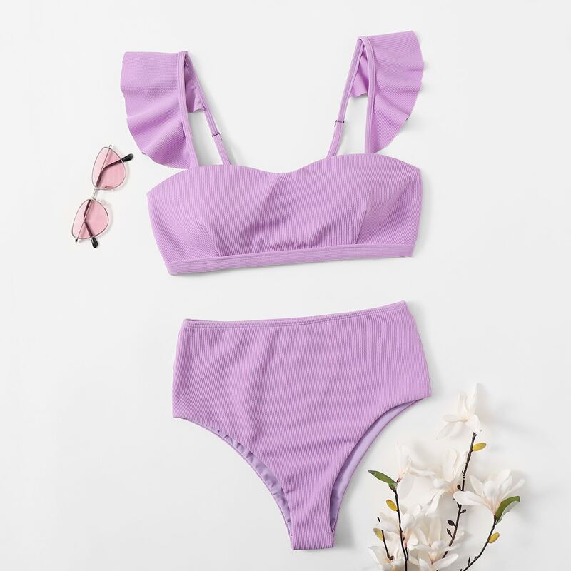

Ruffle Trim High Waist Bikini Swimsuit, Lilac purple
