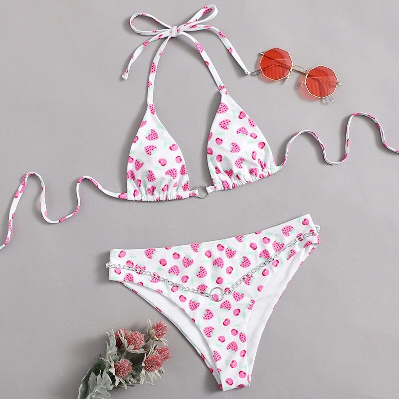 

Strawberry Chain Decor Bikini Swimsuit, White