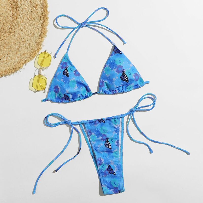 

Butterfly & Floral Thong Bikini Swimsuit, Blue