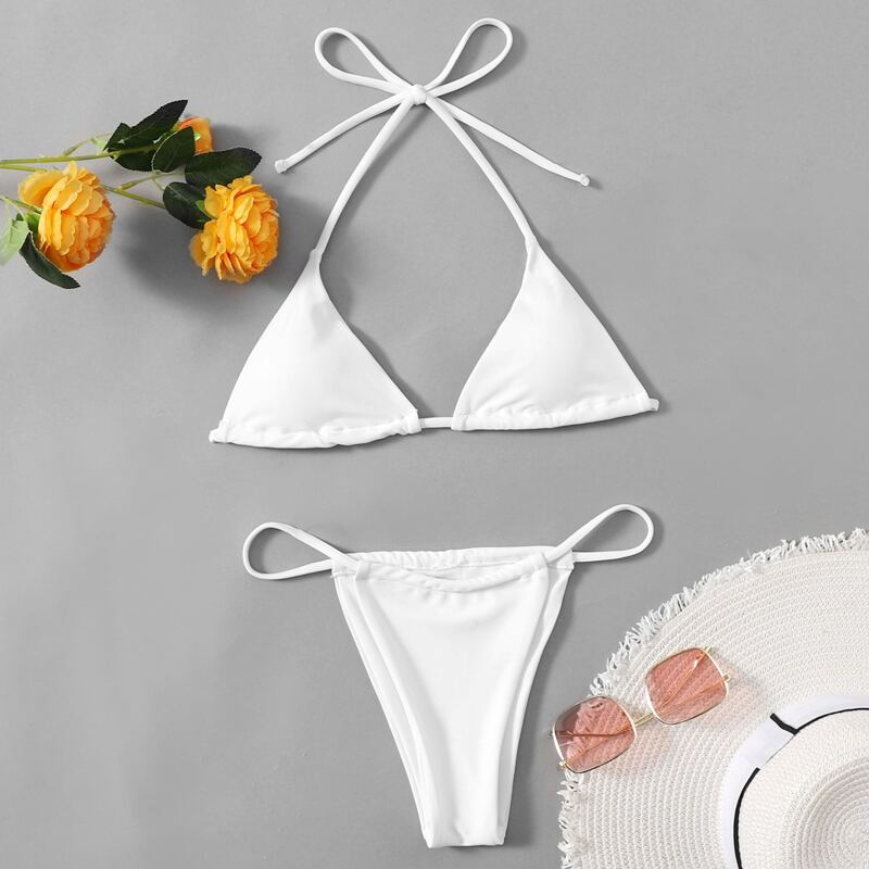 

Solid Triangle Thong Bikini Swimsuit, White