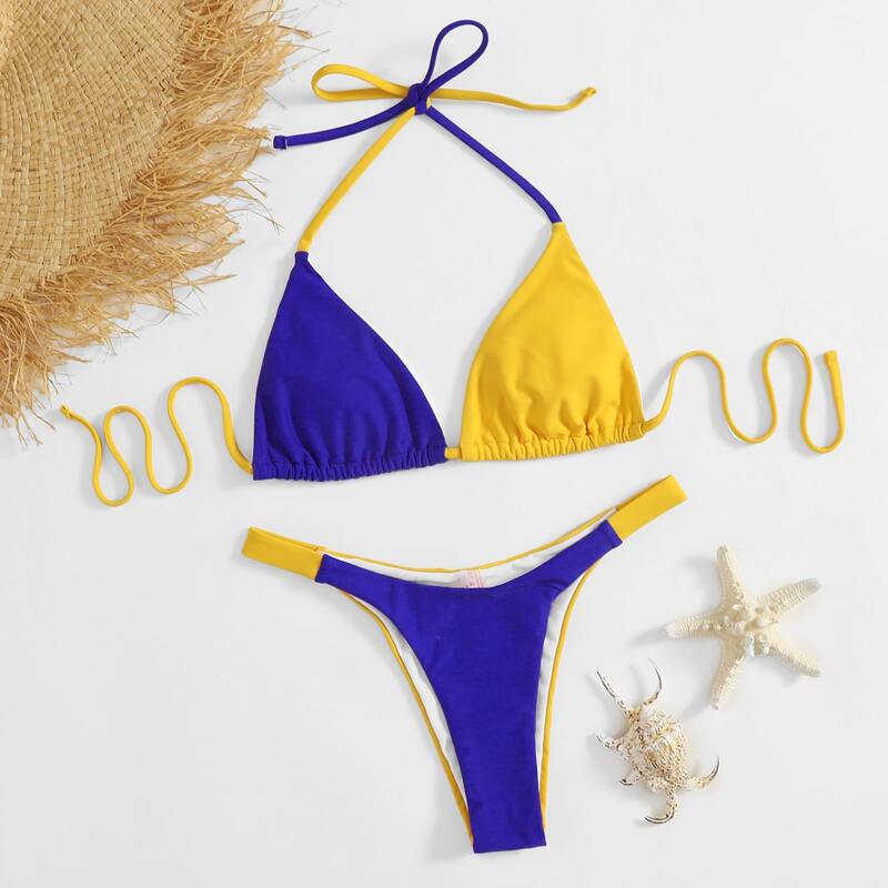 

Two Tone Halter Bikini Swimsuit, Multicolor