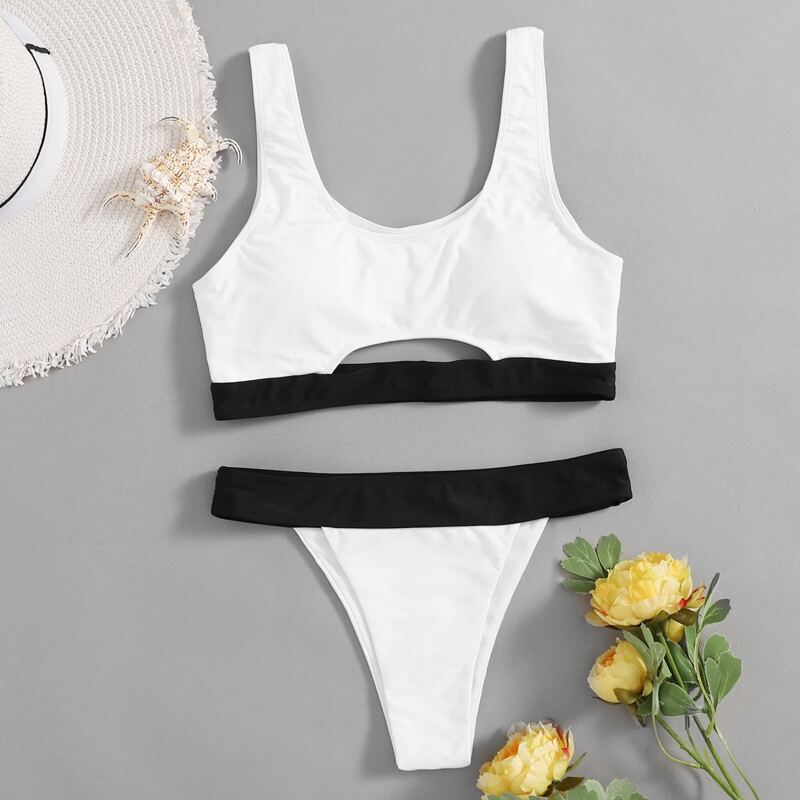

Contrast Binding Cut-out Bikini Swimsuit, White