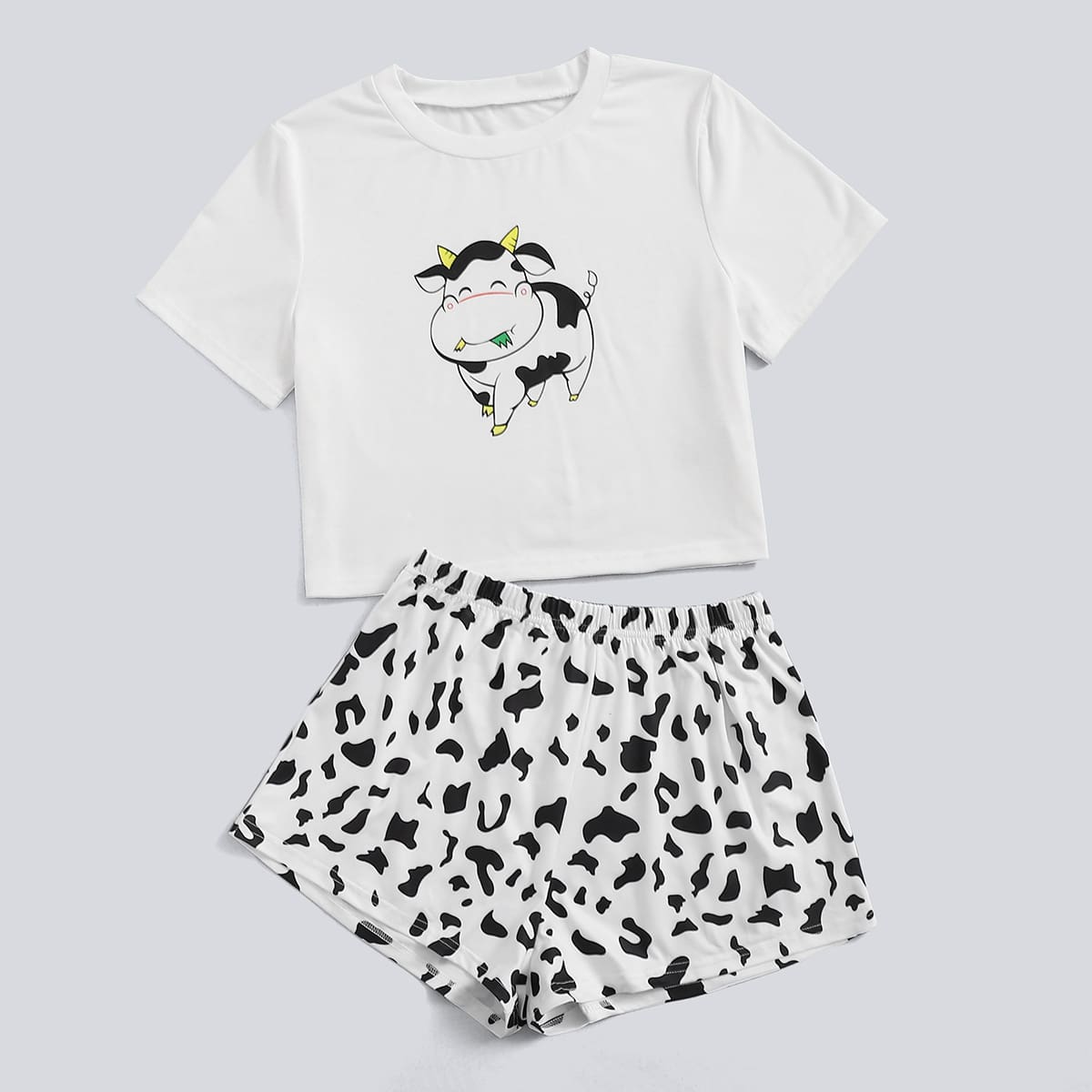 

Cow Print Tee & Shorts PJ Set, Black and white
