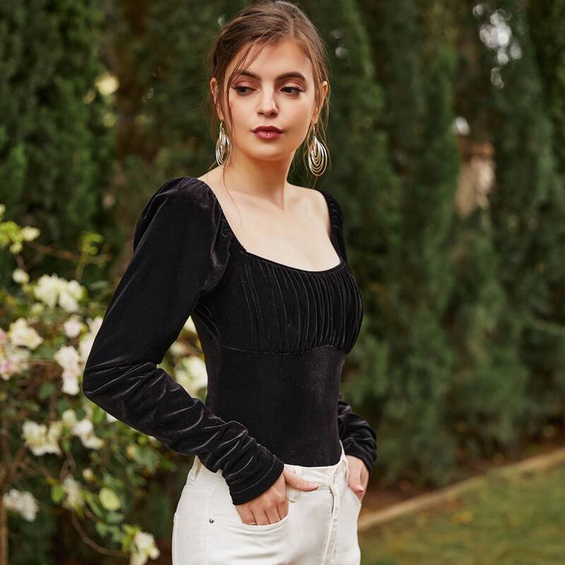

Square Neck Shirred Panel Peplum Top, Black