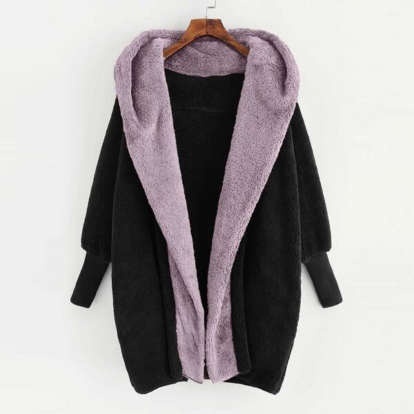 

Plus Open Front Hooded Teddy Coat, Black