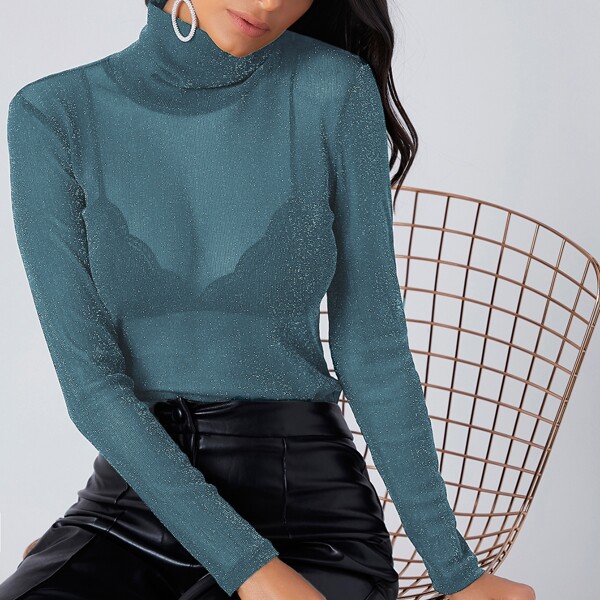 

High Neck Glitter Top Without Bra, Dusty blue