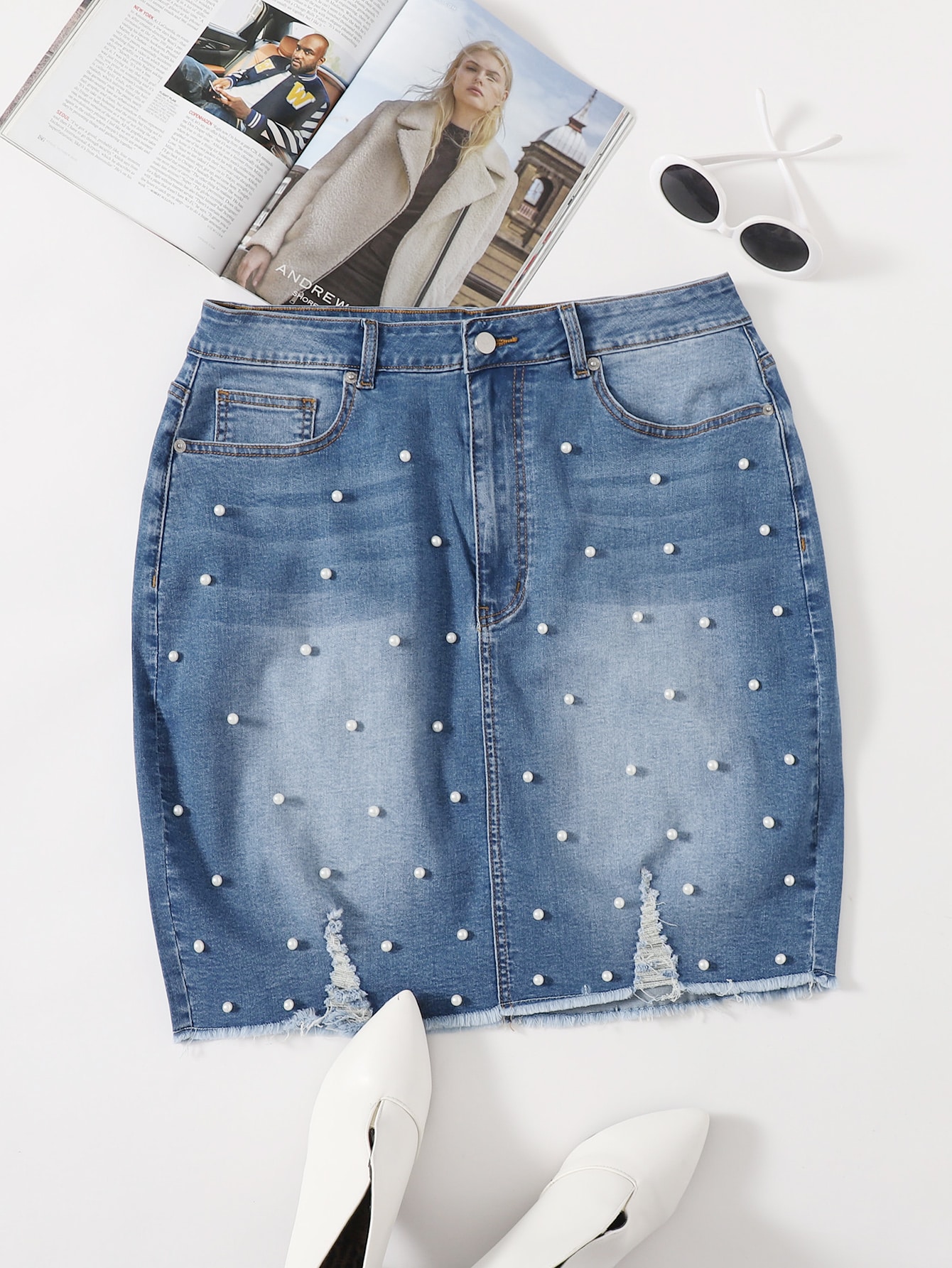 Plus Pearls Beaded Ripped Washed Denim Skirt thumbnail