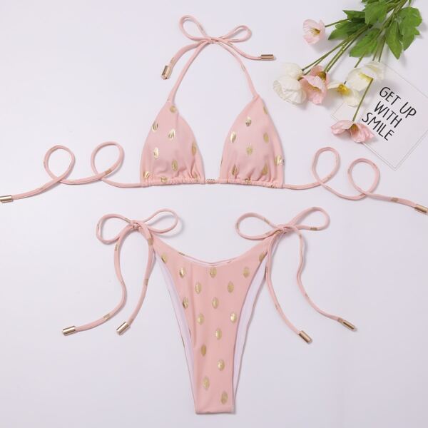 

Polka Dot Halter Tie Side Bikini Swimsuit, Baby pink