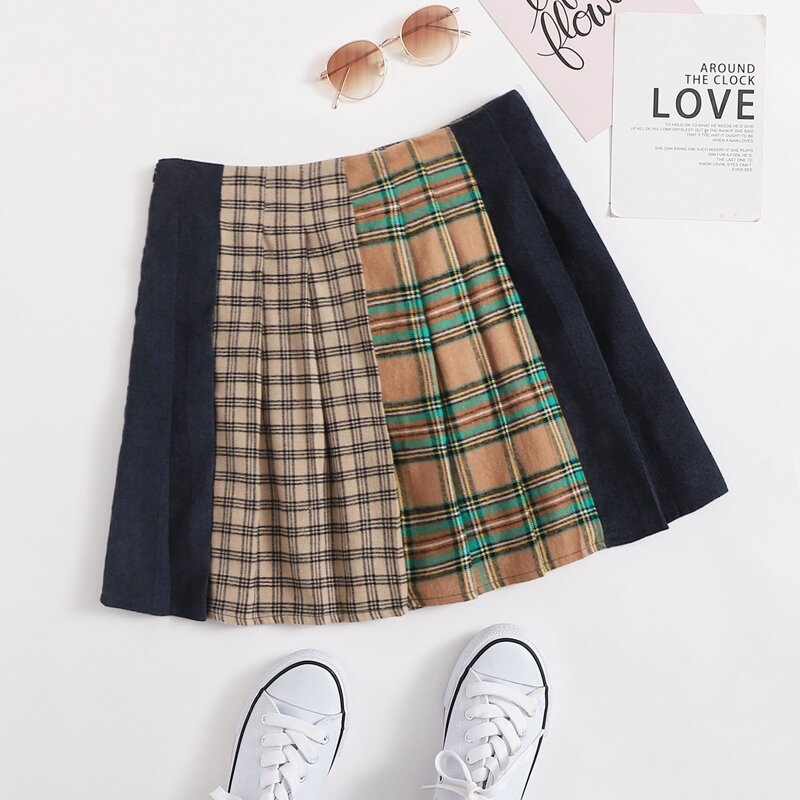 

Zip Side Tartan Pleated Skirt, Multicolor