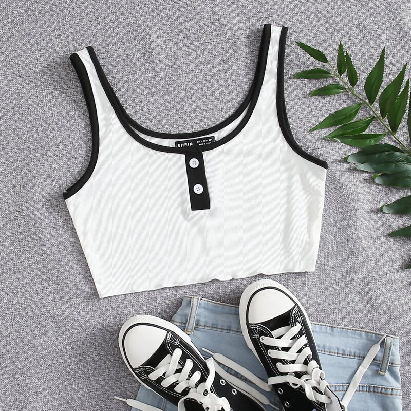 

Button Front Contrast Binding Tank Top, White