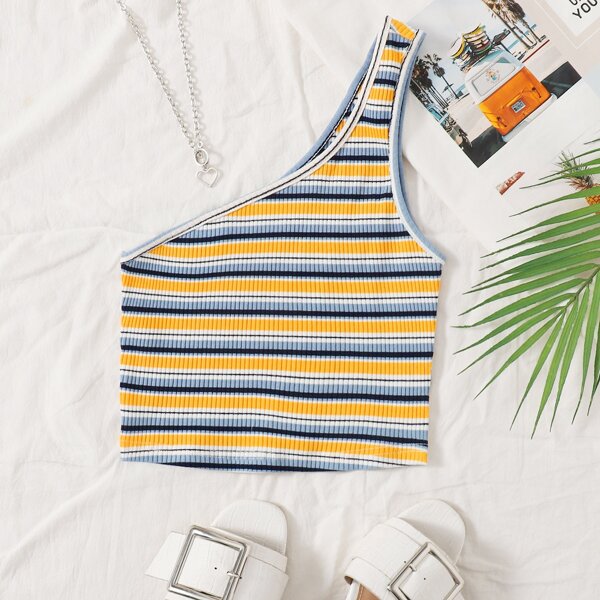 

One Shoulder Striped Rib-knit Top, Multicolor