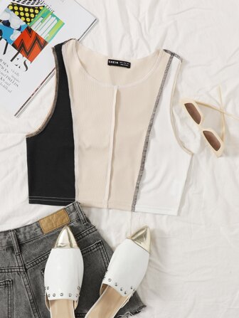 Color Block Stitch Trim Crop Tank Top