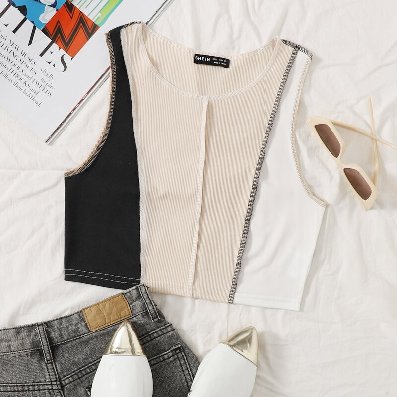 

Color Block Stitch Trim Crop Tank Top, Multicolor