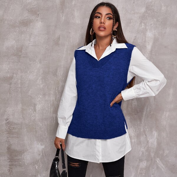 

High Low Hem Solid Sweater Vest, Royal blue