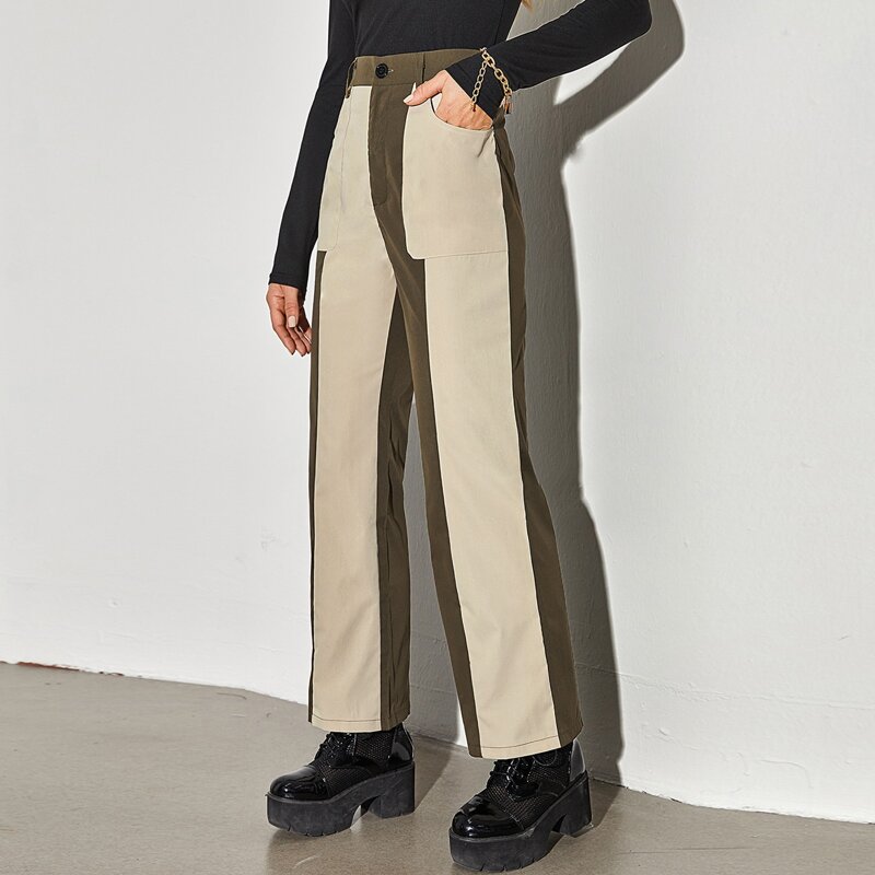 

Zipper Fly Two Tone Straight Leg Pants, Multicolor
