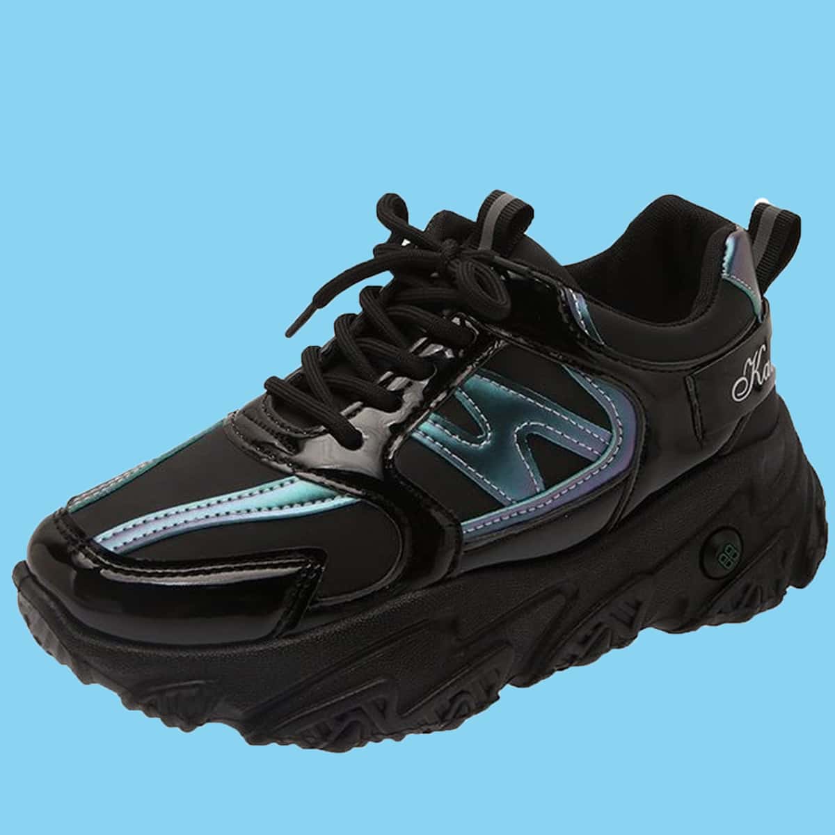 

Lace-up Front Holographic Chunky Sneakers, Black