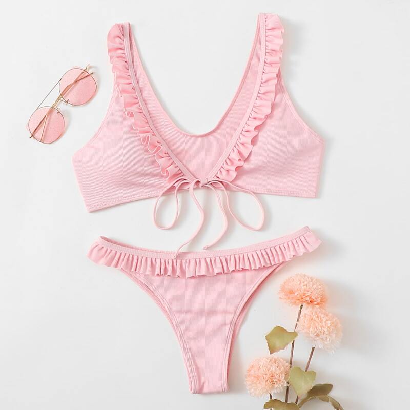 

Solid Frill Trim Bikini Swimsuit, Baby pink