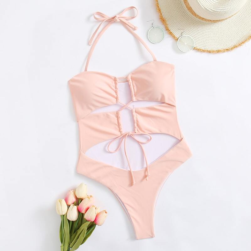 

Solid Cut Out Halter One Piece Swimsuit, Baby pink