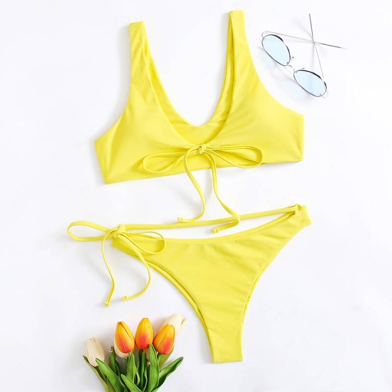 

Solid Tie Front Bikini Swimsuit, Yellow
