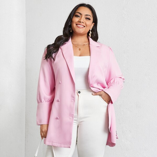 

Plus Double Button Belted Blazer, Baby pink