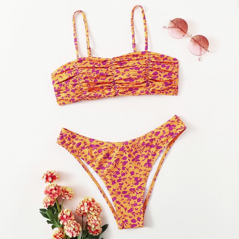

Ditsy Flower Ruched Bikini Swimsuit, Multicolor