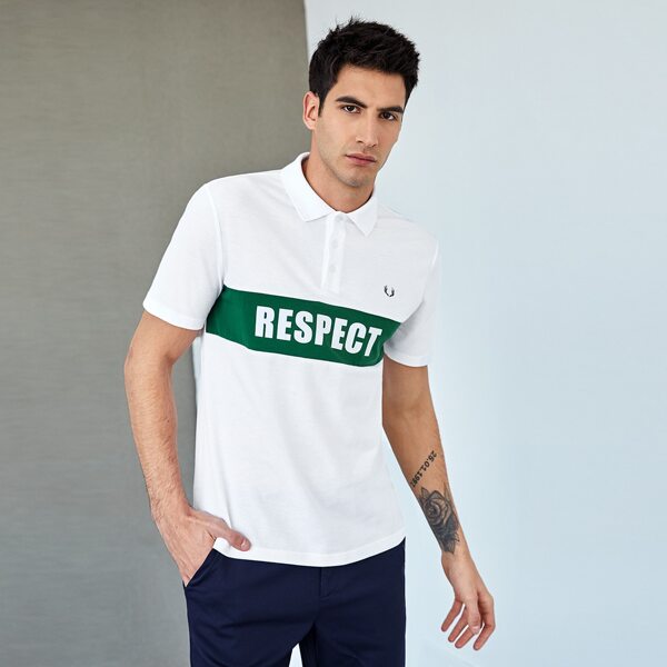 

Men Letter Graphic Colorblock Polo Shirt, White