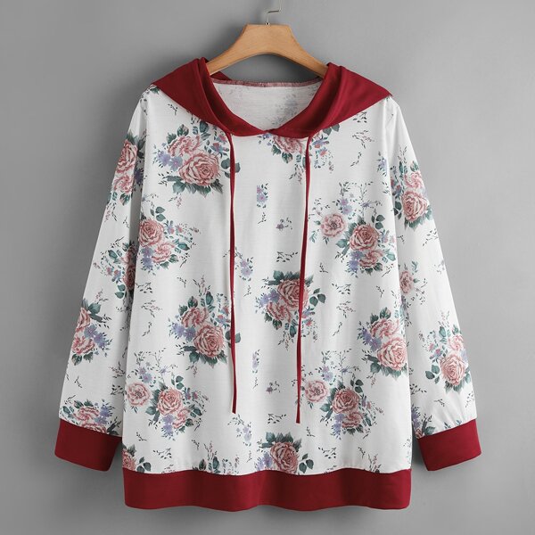 

Plus Floral Print Colorblock Hooded Sweatshirt, Multicolor