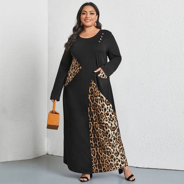 

Plus Contrast Leopard Maxi Dress, Black