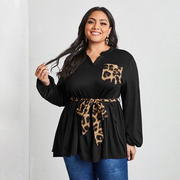 

Plus Leopard Pocket Notch Neck Belted Blouse, Black