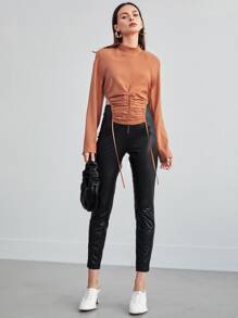 SHEIN بلايز الثنية الصاف كاجوال - البرتقالي مرهق - مشاهدة 3