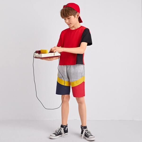 

Boys Colorblock Top & Plaid Panel Shorts Set, Multicolor