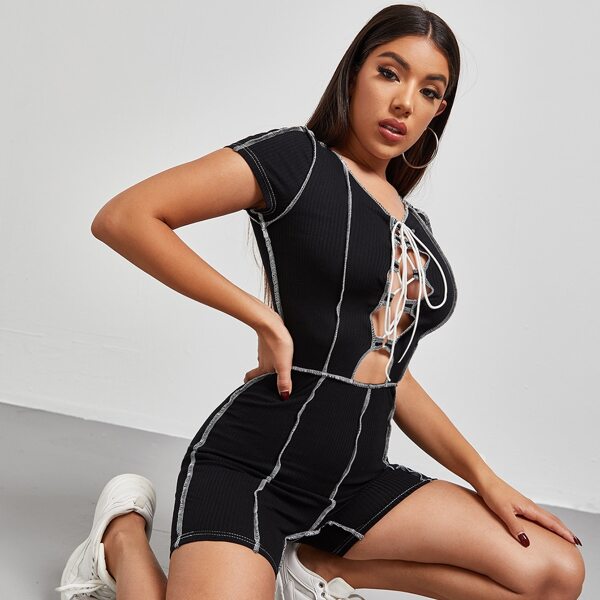 

Lace Up Front Contrast Stitch Unitard Romper, Black