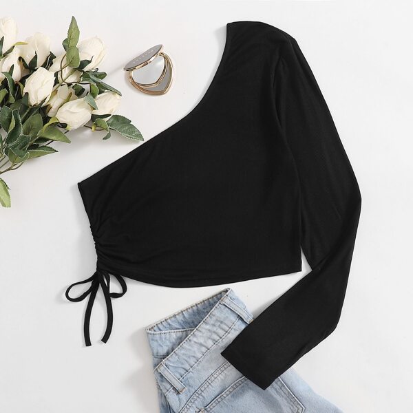 

Plus One Shoulder Drawstring Side Crop Top, Black