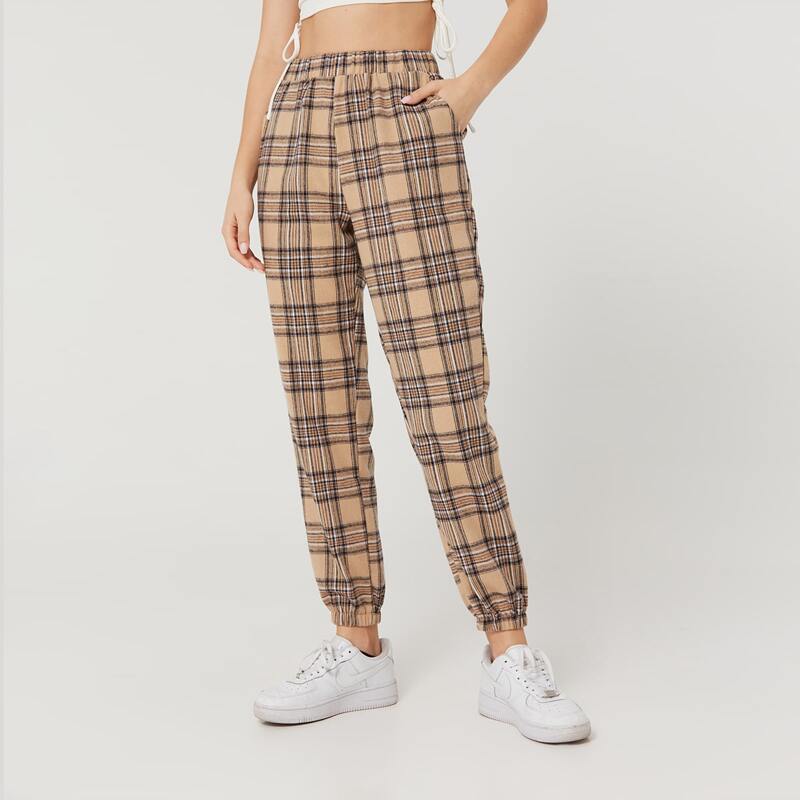 

High Waist Plaid Joggers, Multicolor