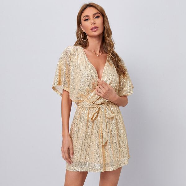 

Batwing Sleeve Belted Sequin Dress, Gold