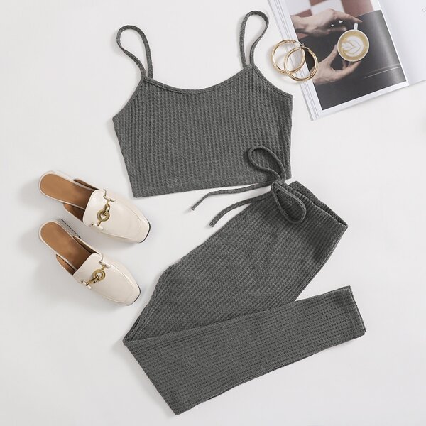 

Plus Solid Waffle Knit Cami Top & Drawstring Leggings Set, Dark grey