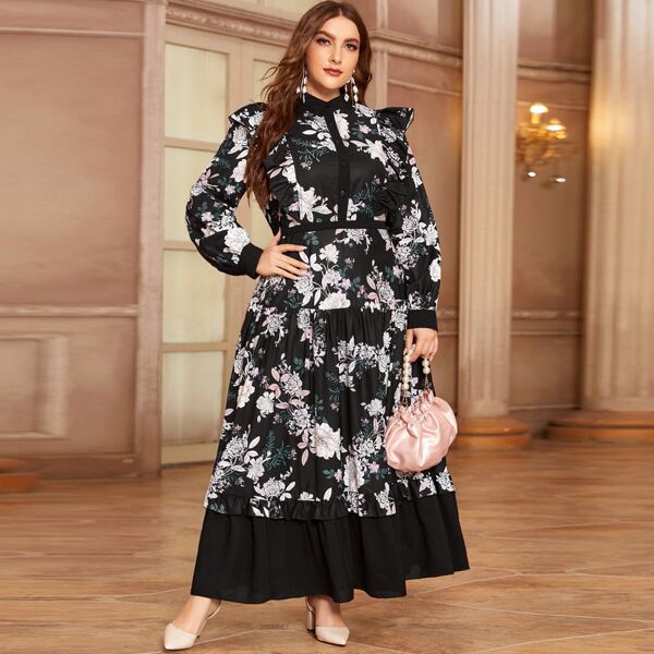 

Plus Floral Print Mock Neck Shirt Dress, Multicolor