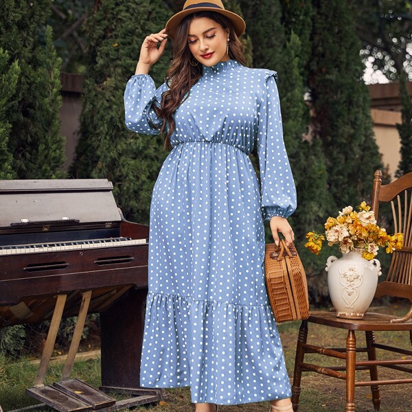 

Plus Polka Dot Frill Neck Ruffle Hem Maxi Dress, Blue